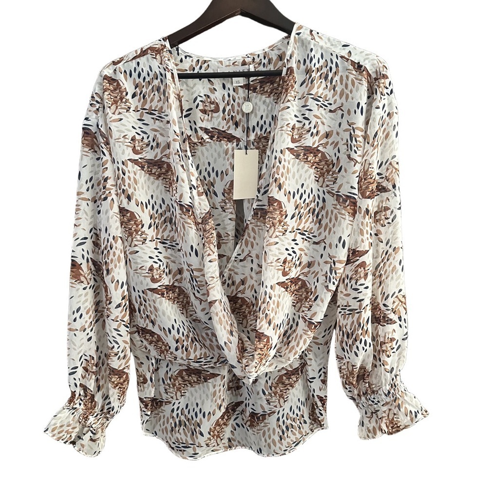 Danier Brown Cream/White & Tan Splatter Speckled Patterned Blouse Sz XS NWT